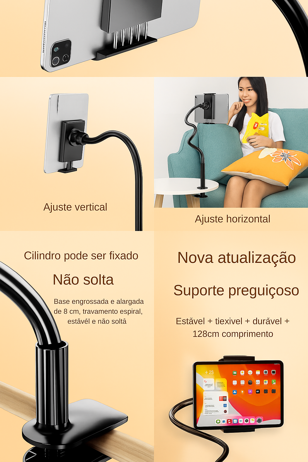 Suporte Flexível para Celular e Tablet – 128cm com Braço Articulado 360° para Cama, Mesa ou Encosto de Cabeça