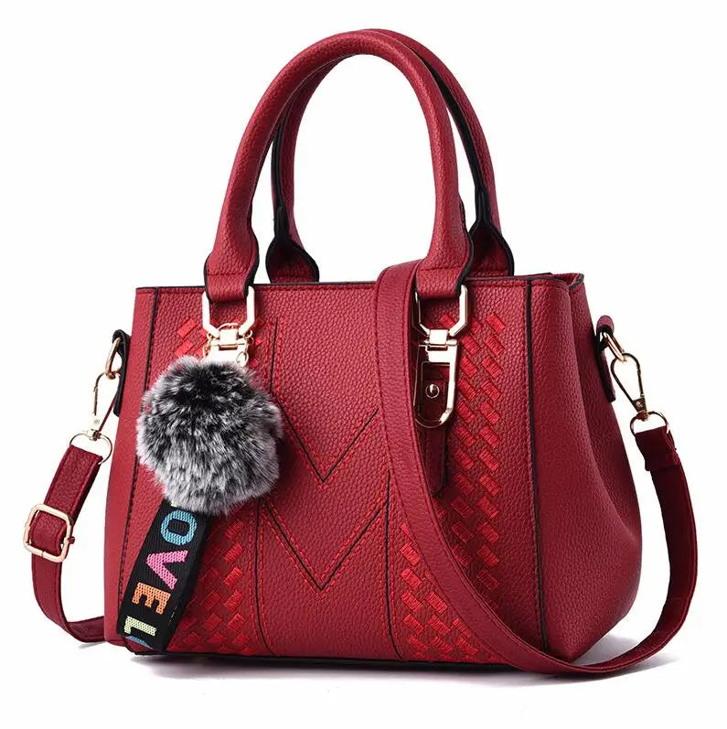 Bolsa Feminina de Ombro Bordada com Pompom – Estilo Casual em Couro PU, Alça Transversal e Compartimentos Internos