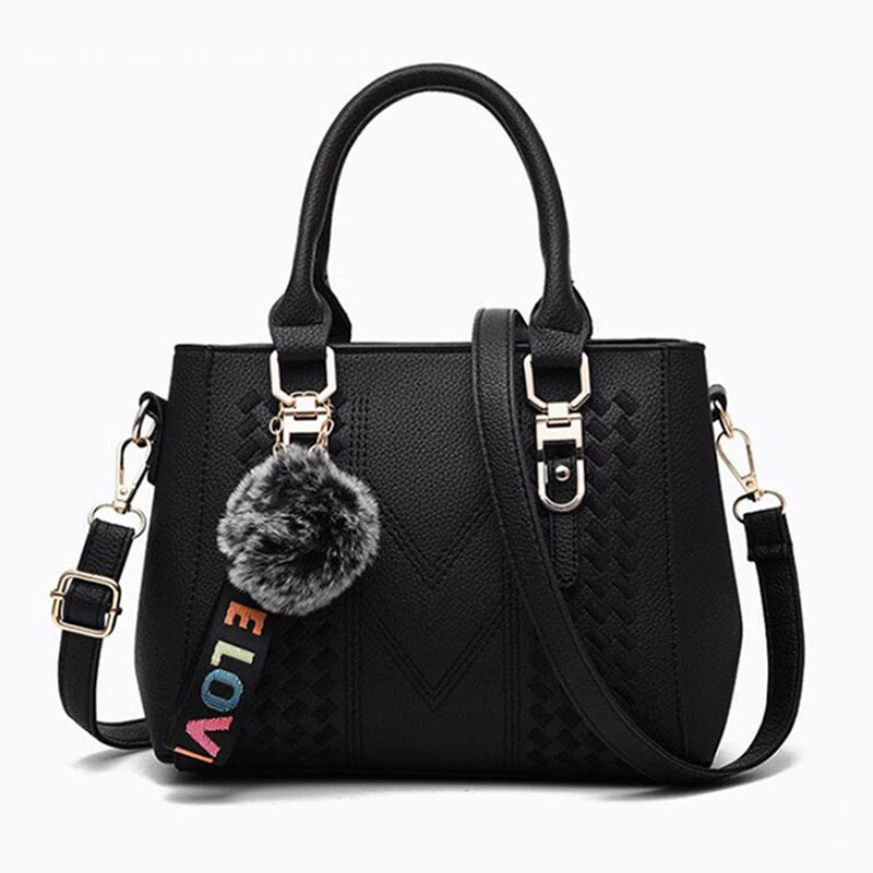 Bolsa Feminina de Ombro Bordada com Pompom – Estilo Casual em Couro PU, Alça Transversal e Compartimentos Internos